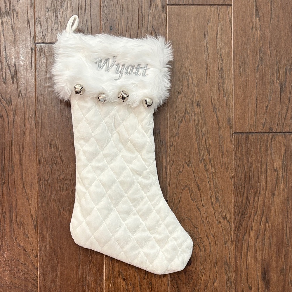 White Quilted Holiday Stocking with Bells